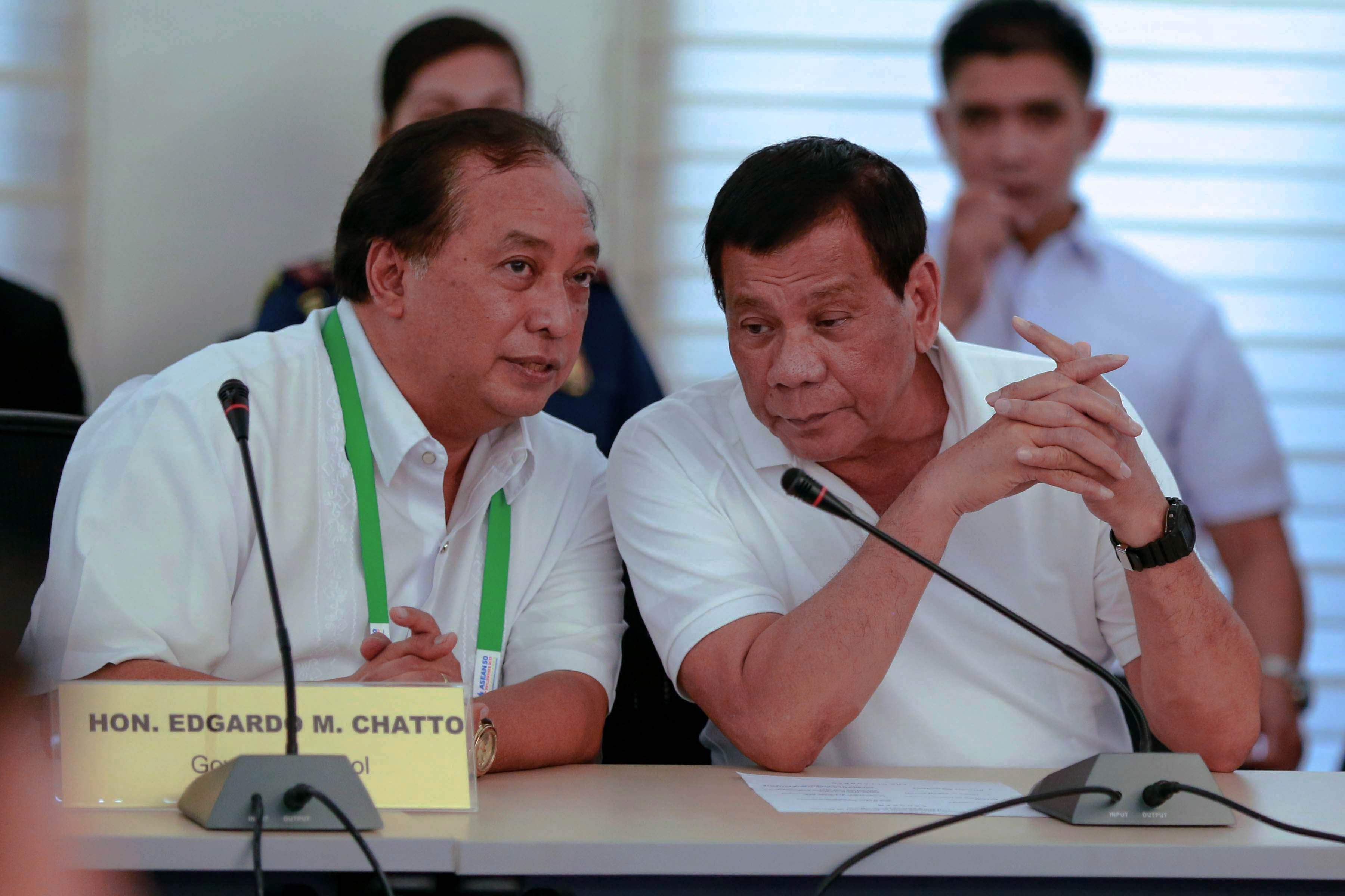 President Rodrigo Roa Duterte speaks with Bohol Governor Edgardo Chatto