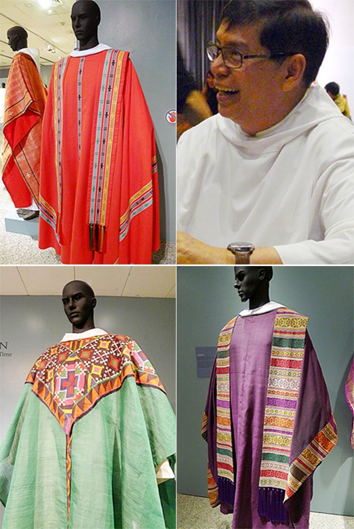 INDIGENIZED VESTMENTS. Robes that feature indigenous Filipino art, designed by a Benedictine monk, are on display at the Ayala Museum.