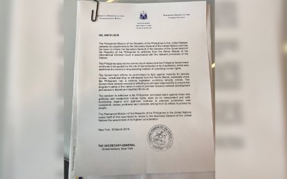 <p>The Permanent Mission of the Republic of the Philippines letter informing the UN of the government's withdrawal from the Rome Statute of the International Criminal Court.<em> (Photo grabbed from Ambassador to UN Teddy Boy Locsin's Twitter account)</em></p>