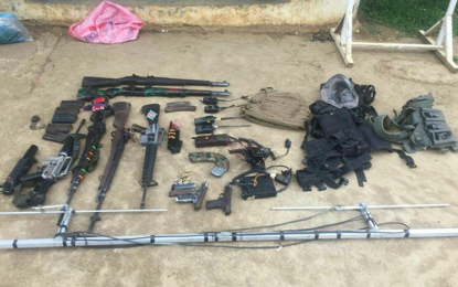 <p>Photo shows the firearms, ammunition and unlicensed radios and ammunition pouches the troops have recovered in simultaneous law enforcement operations in Lanao del Sur. <em><strong>(Photo courtesy: 1st Infantry “Tabak” Division)</strong></em></p>