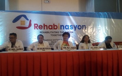 <p><strong>REHABINASYON.</strong> The Inter-Agency Committee on Anti-Illegal Drugs and the Presidential Communications Operations Office (PCOO) hold the 'Rehabinasyon' campaign in Cebu on Saturday (March 24,2018). Government officials on hand during the event include (from left) PCOO Asst. Secretary Ramom Cualoping III, Undersecretary Marlowe Pedregosa of the Dangerous Drugs Board, Lapu-Lapu City Mayor Paz Radaza, Asst. Secretary Aurora Ignacio of the Office of the President, and Philippine Druge Enforcement Agency acting Deputy Director Vince Plaza. <em>(Luel Galarpe/PNA)</em></p>